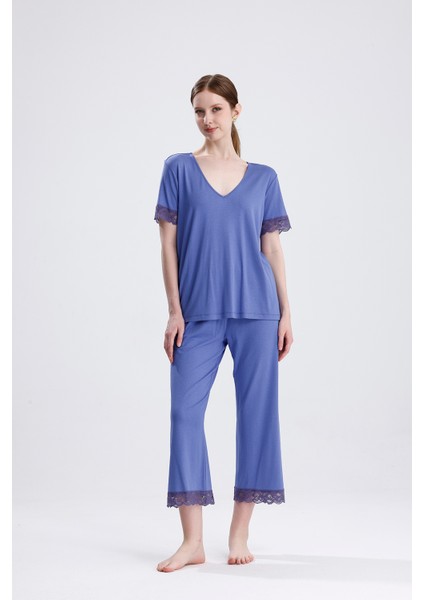 Kadın Viskon Dantelli V Yaka Kısa Kollu Yazlık Pijama Takımı modelleri