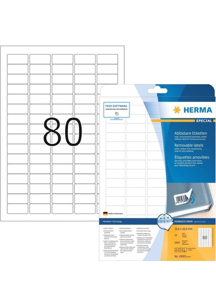 10003 Üniversal Etiket Dın A4 Çıkarılabilir, Küçük 35,6 x 16,9 Mm, 25 Yaprak, Kağıt, Mat Kendinden Yapışkanlı, 2.000 Yapışkan Etiket, Beyaz
