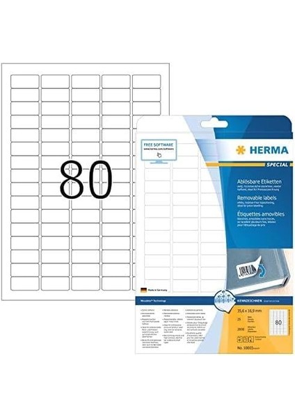 10003 Üniversal Etiket Dın A4 Çıkarılabilir, Küçük 35,6 x 16,9 Mm, 25 Yaprak, Kağıt, Mat Kendinden Yapışkanlı, 2.000 Yapışkan Etiket, Beyaz