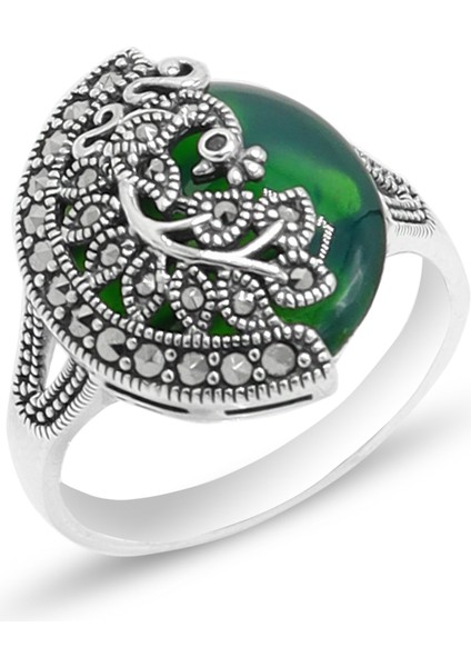 Zümrüt Taşlı Tavus Kuşu Model 925 Ayar Gümüş Markazit Kadın Yüzük 201024209