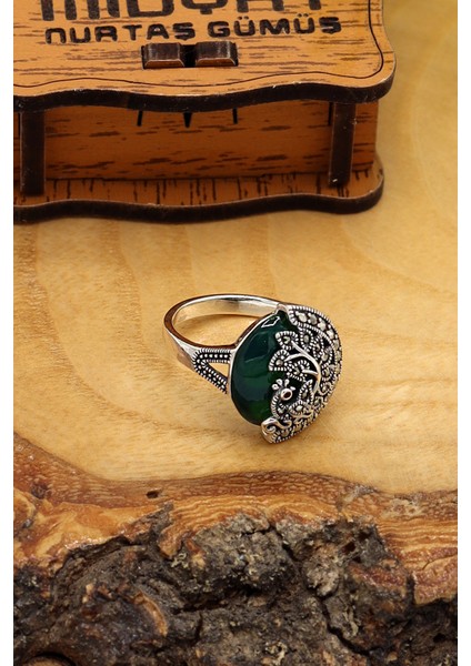 Zümrüt Taşlı Tavus Kuşu Model 925 Ayar Gümüş Markazit Kadın Yüzük 201024209 modelleri