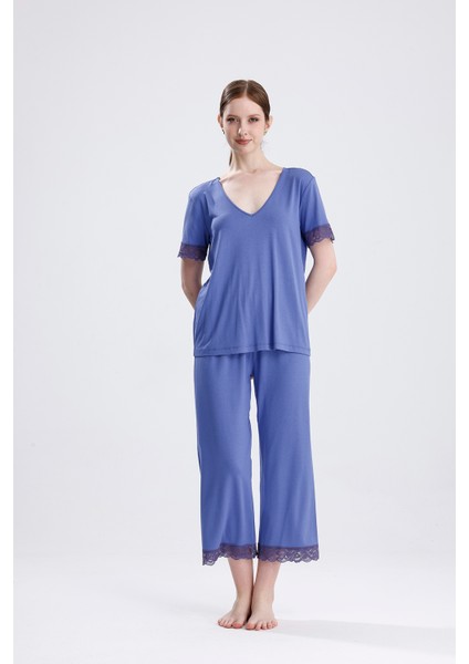 Kadın Viskon Dantelli V Yaka Kısa Kollu Yazlık Pijama Takımı fırsatları