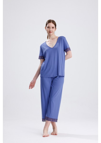 Kadın Viskon Dantelli V Yaka Kısa Kollu Yazlık Pijama Takımı indirimleri