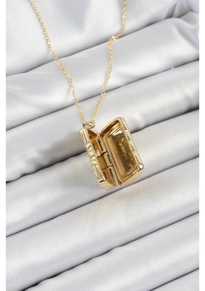 316L Çelk Açılabilir Dikdörtgen Model Zirkon Taşlı Gold Renk Kadın Zincir Kolye