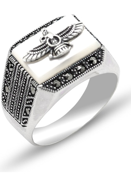 Sedef Taşlı Ahura Mazda Model 925 Ayar Gümüş Markazit Unisex Yüzük 201024246