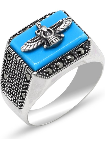 Firuze Taşlı Ahura Mazda Model 925 Ayar Gümüş Markazit Unisex Yüzük 201024248