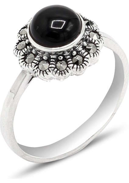 Oniks Taşlı Papatya Model 925 Ayar Gümüş Markazit Kadın Yüzük 201024243