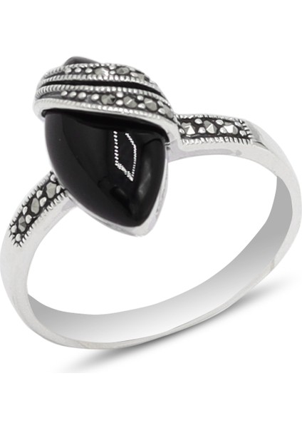Oniks Taşlı 925 Ayar Gümüş Markazit Kadın Yüzük 201024203