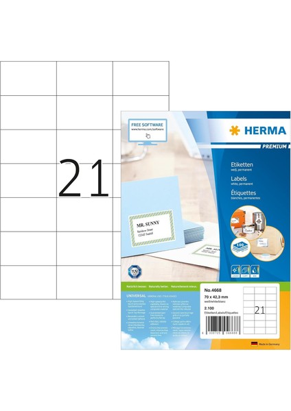 4668 Evrensel Etiket Dın A4 70 x 42,3 Mm, 100 Yaprak, Kağıt, Mat Kendinden Yapışkanlı, Basılabilir, 2.100 Yapışkan Etiket, Beyaz