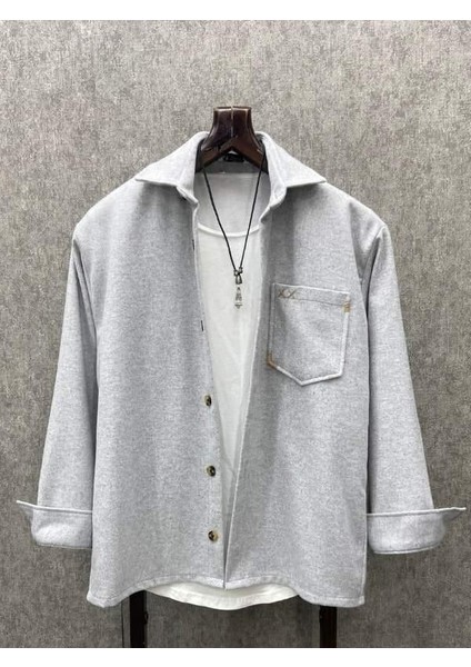 Oversize El Işi Detaylı Bohem Pamuk Kaşe Gri Gömlek