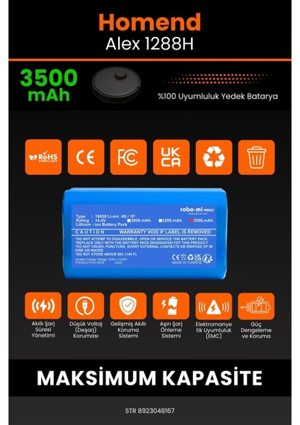 Homend Alex 1288h 3500mAh Robot Süpürge Bataryası - Sertifikalı Güvenlik, Gerçek Kapasite modelleri