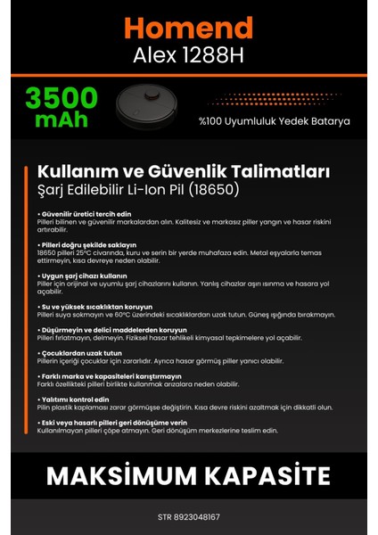 Homend Alex 1288h 3500mAh Robot Süpürge Bataryası - Sertifikalı Güvenlik, Gerçek Kapasite