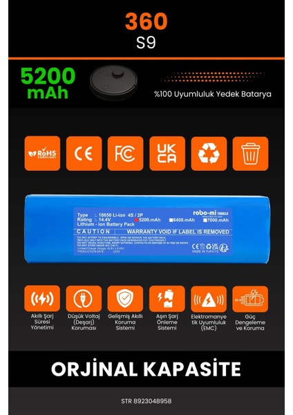 360 S9 5200mAh Robot Süpürge Bataryası - Koruma Katmanlı Batarya Teknolojisi modelleri