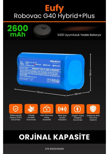 Eufy Robovac G40 Hybrid+Plus 2600MAH Robot Süpürge Bataryası - Koruma Katmanlı Batarya Teknolojisi