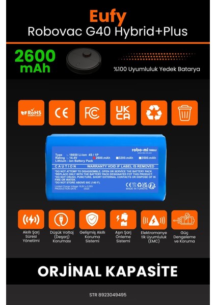 Eufy Robovac G40 Hybrid+Plus 2600MAH Robot Süpürge Bataryası - Koruma Katmanlı Batarya Teknolojisi
