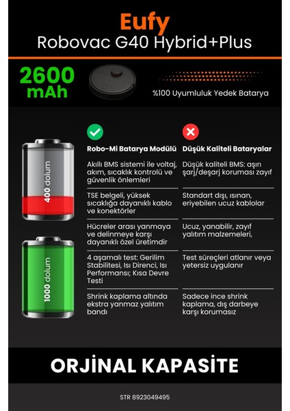 Eufy Robovac G40 Hybrid+Plus 2600MAH Robot Süpürge Bataryası - Koruma Katmanlı Batarya Teknolojisi