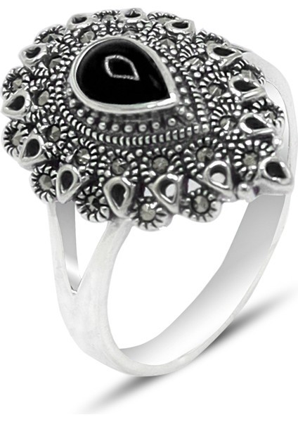 Oniks Taşlı Damla Model 925 Ayar Gümüş Markazit Kadın Yüzük 201024235