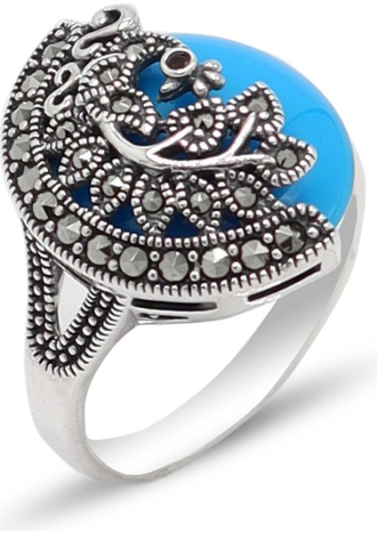 Firuze Taşlı Tavus Kuşu Model 925 Ayar Gümüş Markazit Kadın Yüzük 201024205