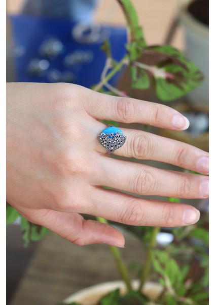 Firuze Taşlı Tavus Kuşu Model 925 Ayar Gümüş Markazit Kadın Yüzük 201024205 fiyatları