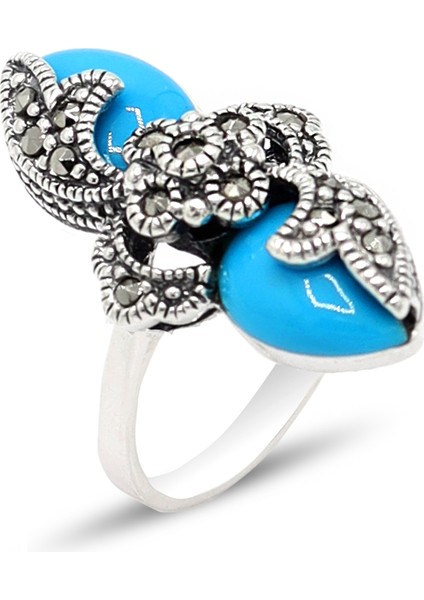 Firuze Taşlı Çiçek Model 925 Ayar Gümüş Markazit Kadın Yüzük 201024229