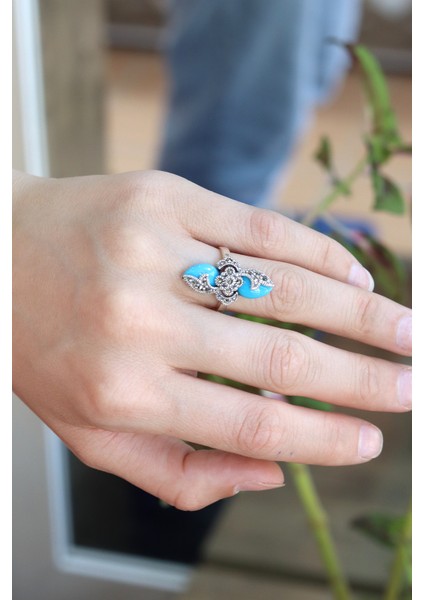 Firuze Taşlı Çiçek Model 925 Ayar Gümüş Markazit Kadın Yüzük 201024229 fiyatları