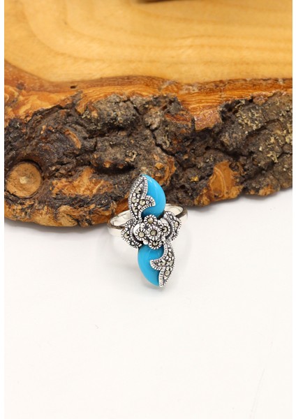 Firuze Taşlı Çiçek Model 925 Ayar Gümüş Markazit Kadın Yüzük 201024229 modelleri