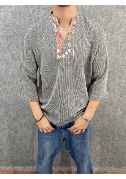 Oversize Bohem Fakir Kol Pamuk Keten Antrasit Tshirt