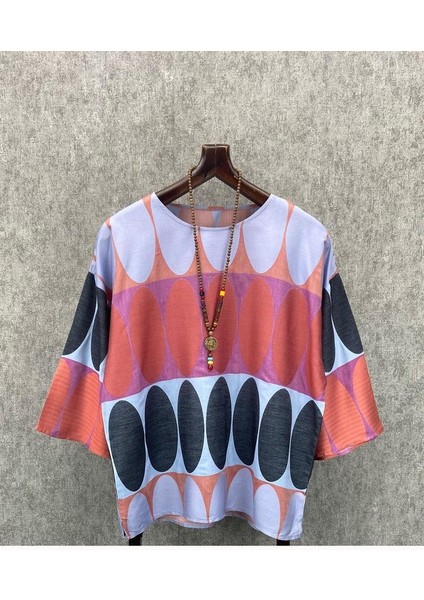 Süper Oversize Fakir Kol Bohem Pamuk Keten Desenli Tshirt