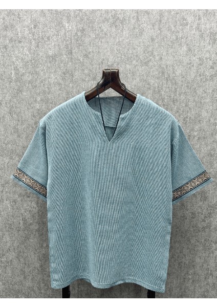 Oversize Bohem Yıkamalı Pamuk Keten Mint Tshirt