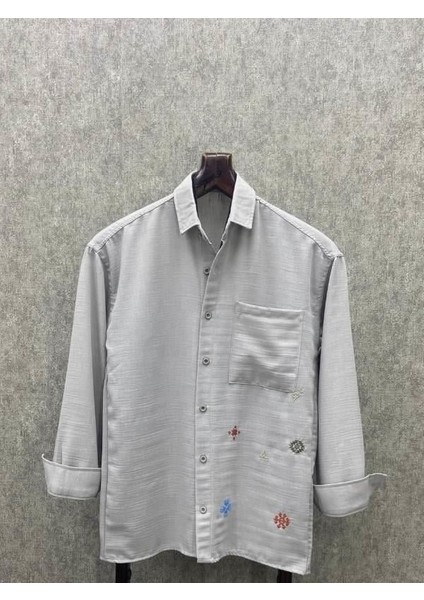 Oversize Nakış Detaylı Pamuk Keten Gri Gömlek