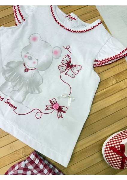 Ekose Şortlu Ayı Baskılı Kız Bebek Takımı Kırmızı modelleri