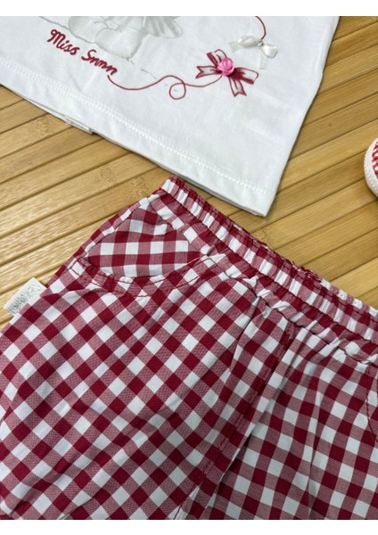Ekose Şortlu Ayı Baskılı Kız Bebek Takımı Kırmızı fırsatları