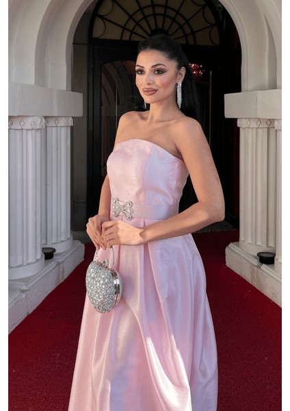 Tafta Saten Kumaş Straplez Midi Elbise - Pembe