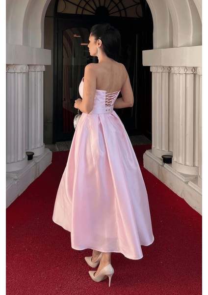 Tafta Saten Kumaş Straplez Midi Elbise - Pembe