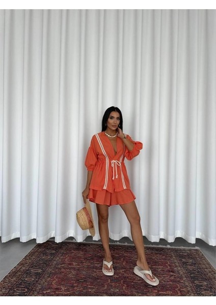 Keten Bel Büzgülü Bluz-Pantolon Takım - Orange