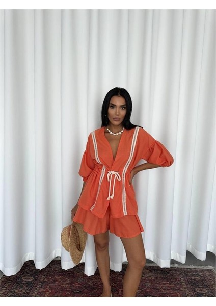 Keten Bel Büzgülü Bluz-Pantolon Takım - Orange fiyatları