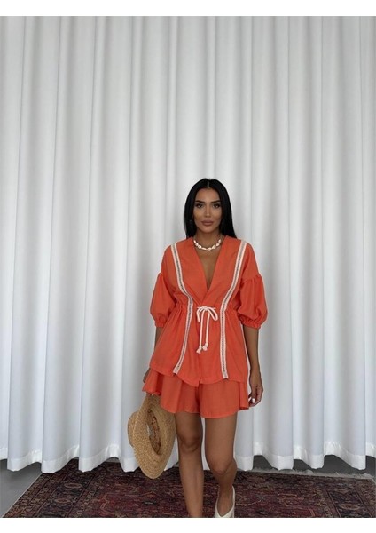 Keten Bel Büzgülü Bluz-Pantolon Takım - Orange modelleri
