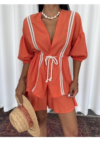 Keten Bel Büzgülü Bluz-Pantolon Takım - Orange fırsatları