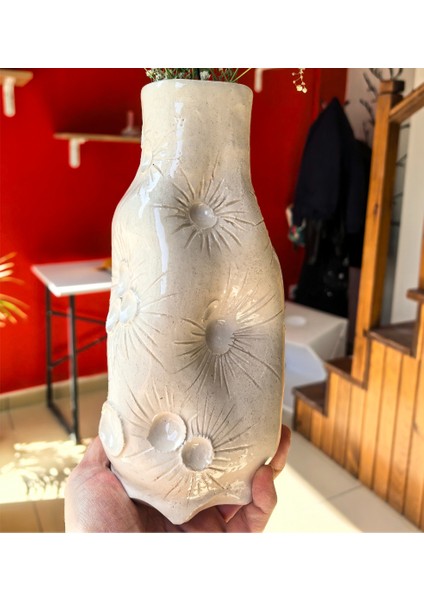 El Yapımı Ay Krateri Dokulu 25CM Yük. Modern Dekoratif Beyaz Seramik Vazo, Minimalist Özel Tasarım Vazo fiyatları