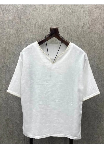 Oversize Bohem Kroşatalı Beyaz Pamuk Keten Tshirt