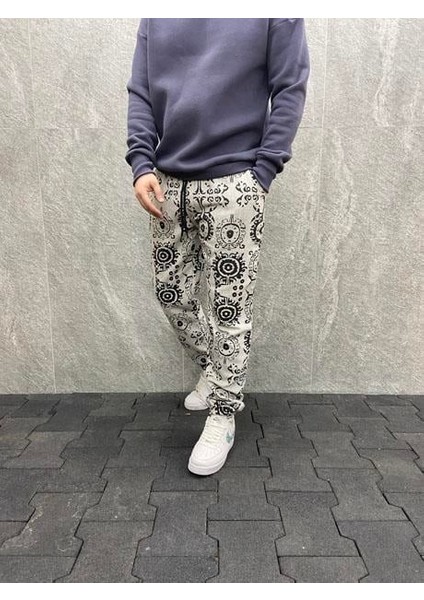 Beli Lastikli Aztek Desenli Pamuklu Kışlık Gri Kaşe Pantolon