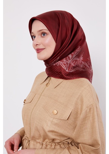 Bordo Kenar Benekli Twill Ipek Eşarp