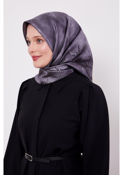 Füme Kenar Benekli Twill Ipek Eşarp