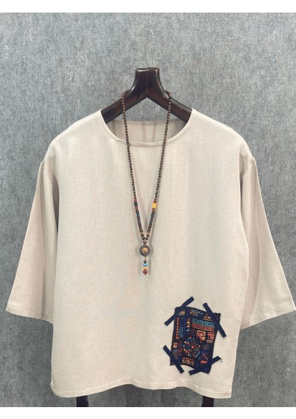 Oversize Fakir Kol Bohem Bej Pamuklu Tshirt