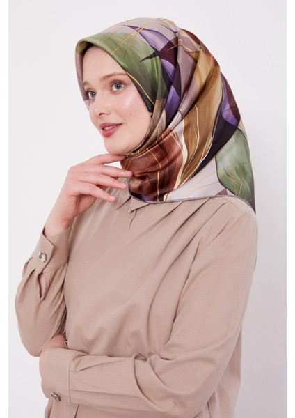 Vizon Ince Yaprak Desen Twill Ipek Eşarp