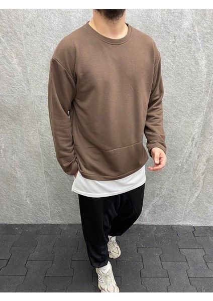 Oversize Beyaz Garnili Pamuklu Kahverengi Sweatshirt fiyatları