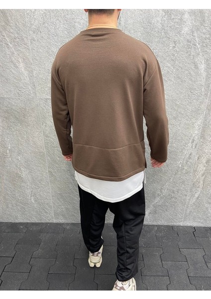 Oversize Beyaz Garnili Pamuklu Kahverengi Sweatshirt modelleri