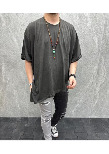 Süper Oversize Yıkamalı Asitmetrik Kesim Bohem Pamuklu Antrasit Tshirt