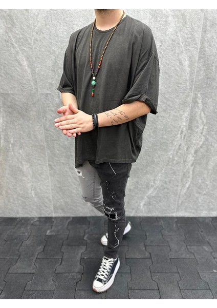Süper Oversize Yıkamalı Asitmetrik Kesim Bohem Pamuklu Antrasit Tshirt fiyatları