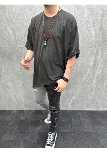 Süper Oversize Yıkamalı Asitmetrik Kesim Bohem Pamuklu Antrasit Tshirt modelleri